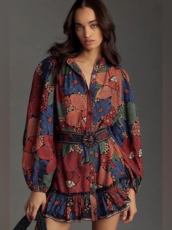 FARM Rio Dresses & Skirts - Farm Rio Black Stitched Flowers Long Sleeve Mini Dress Size M Boho Fall Colors